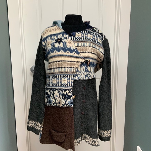 100% Wool Patchwork Boho Hooded Cardigan Coat Handmade Women’s size large - Picture 1 of 12